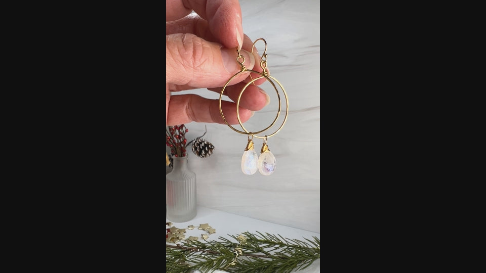 Rainbow Moonstone Hammered Hoop Earrings