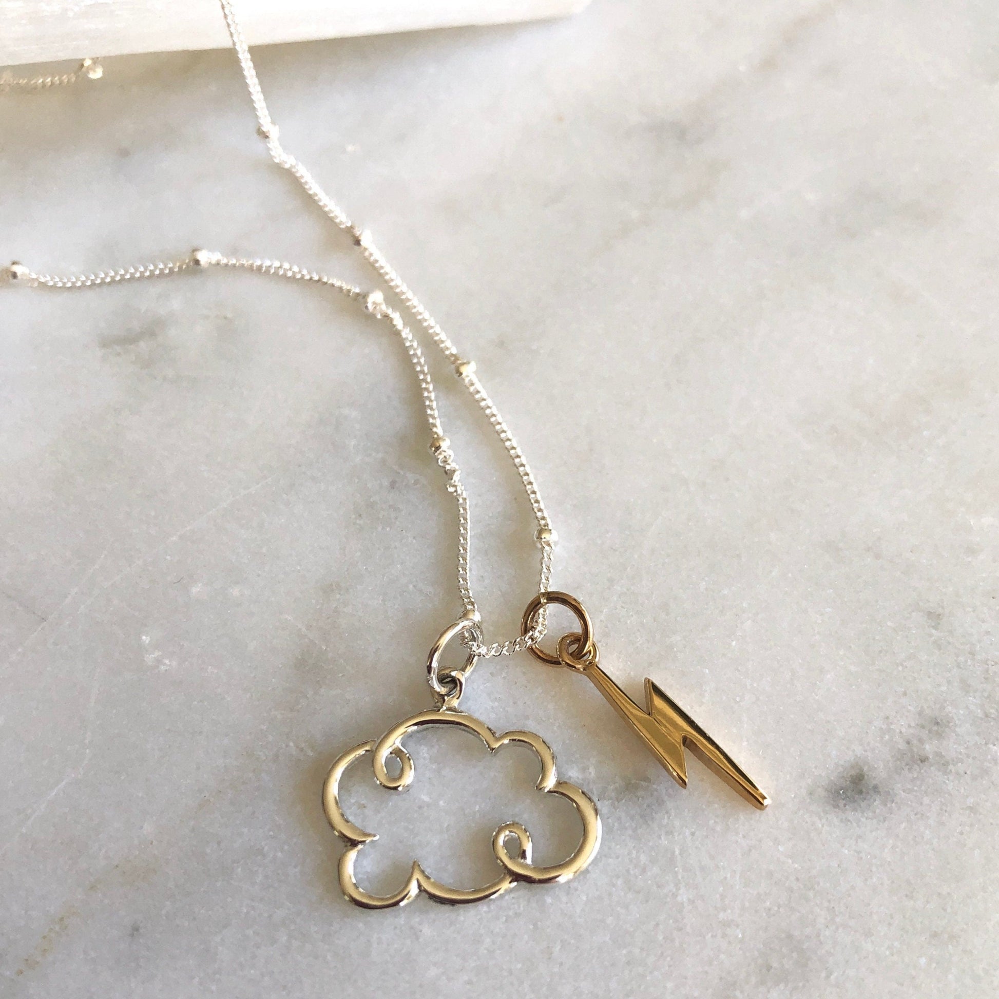 Fluffy Cloud & Lightening Charm Necklace, Sky Charm Necklace