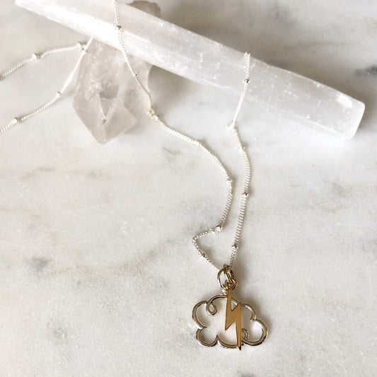 Fluffy Cloud & Lightening Charm Necklace, Sky Charm Necklace