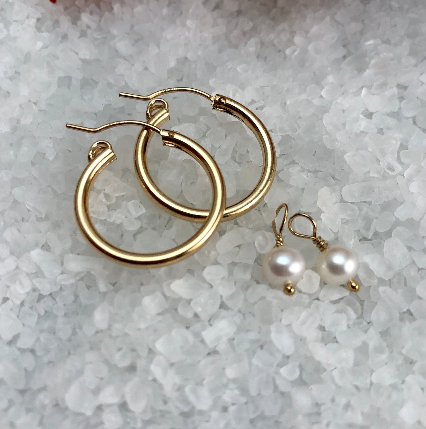 gold filled hoops with pearl dangle