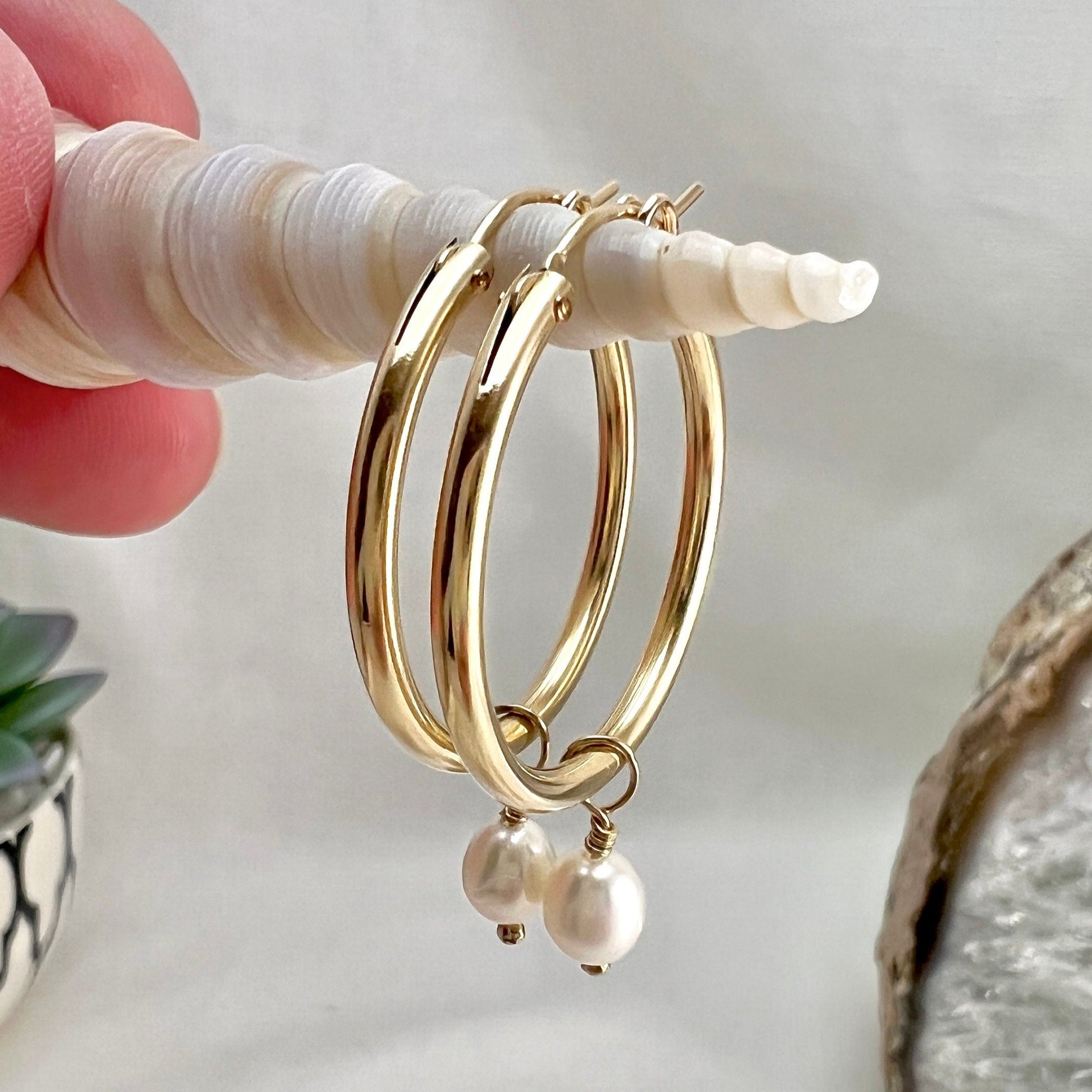 gold filled hoops with pearl dangle