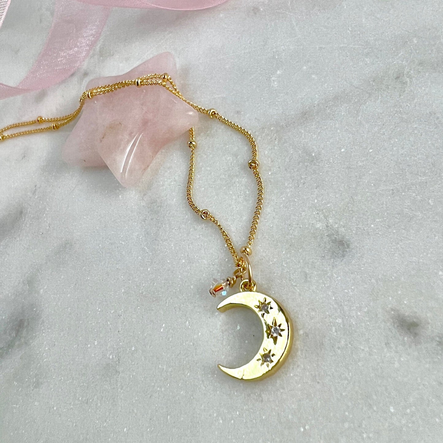 CZ Moon Charm Necklace with Swarovski Crystal Accent