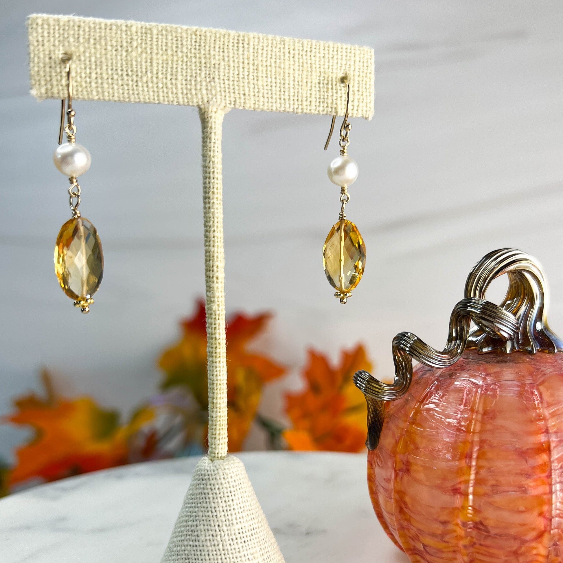 Citrine & Pearl Drop Earrings, November Birthstone