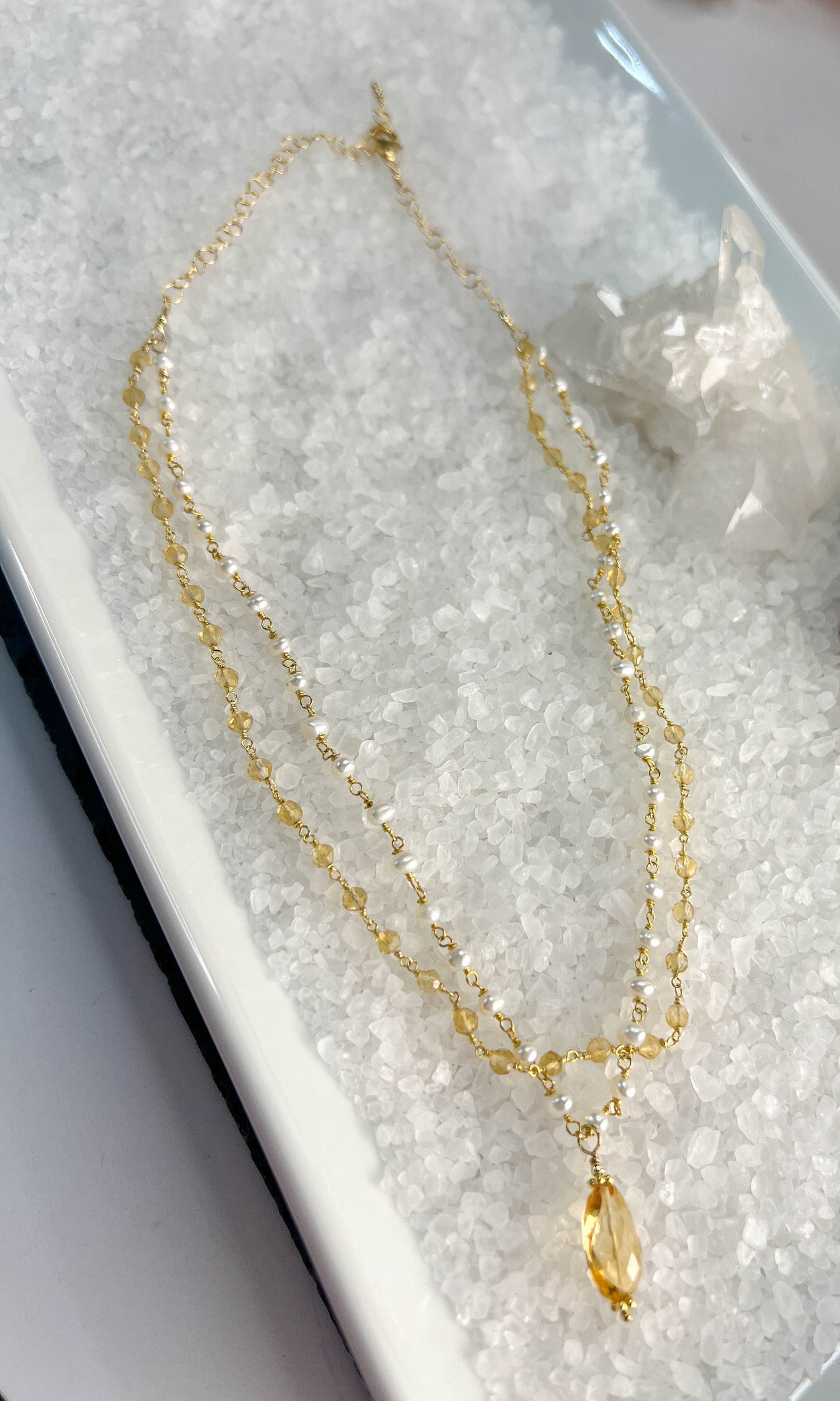 Citrine & Pearl Rosary Chain Necklace