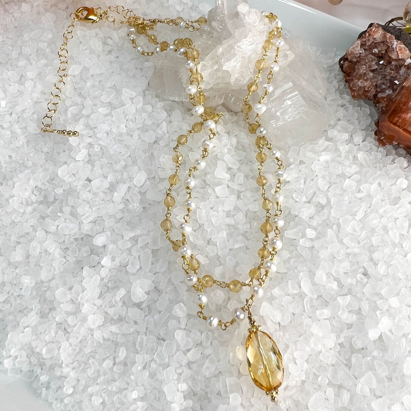 Citrine & Pearl Rosary Chain Necklace