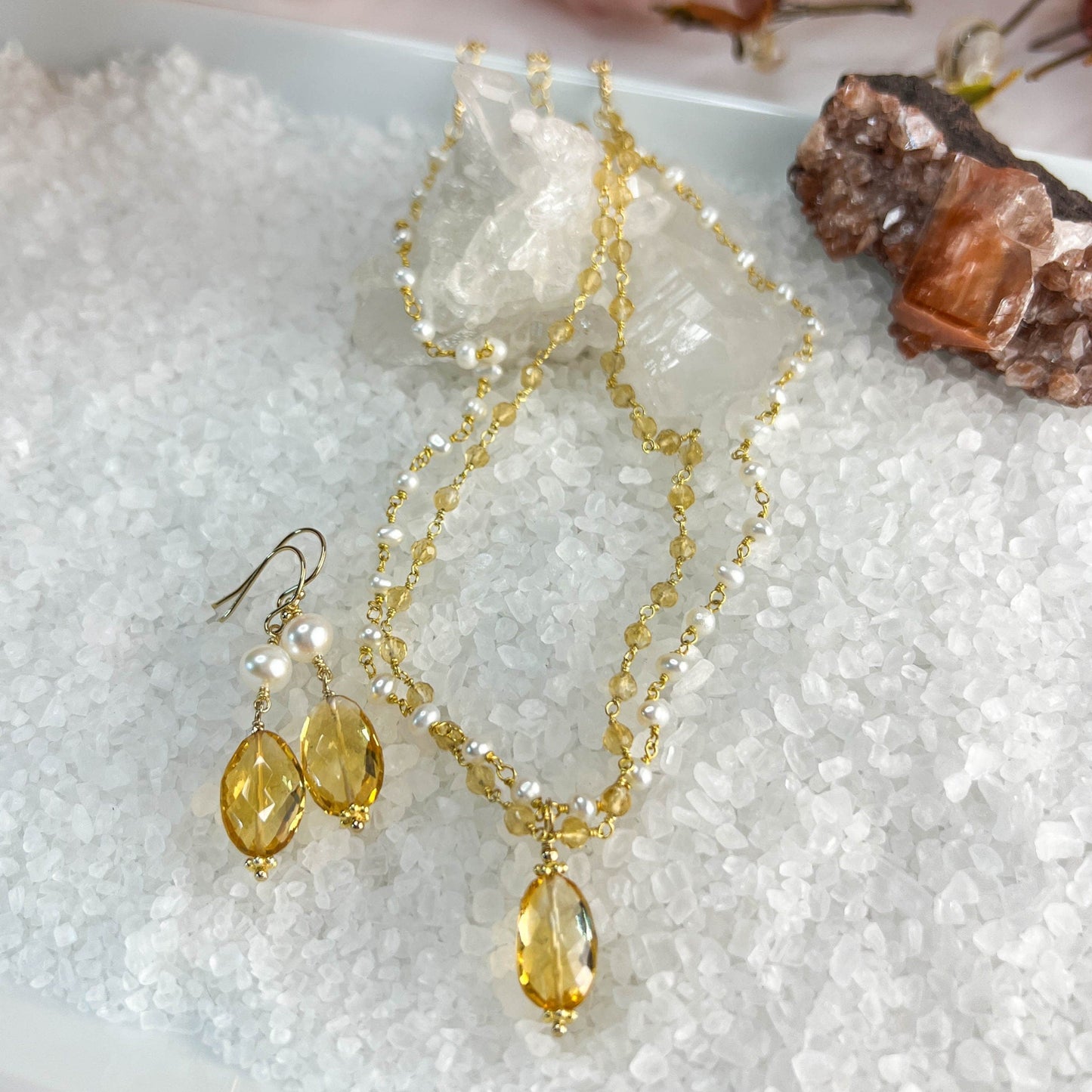 Citrine & Pearl Drop Earrings, November Birthstone