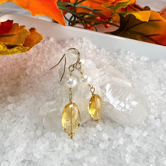 Citrine & Pearl Drop Earrings, November Birthstone