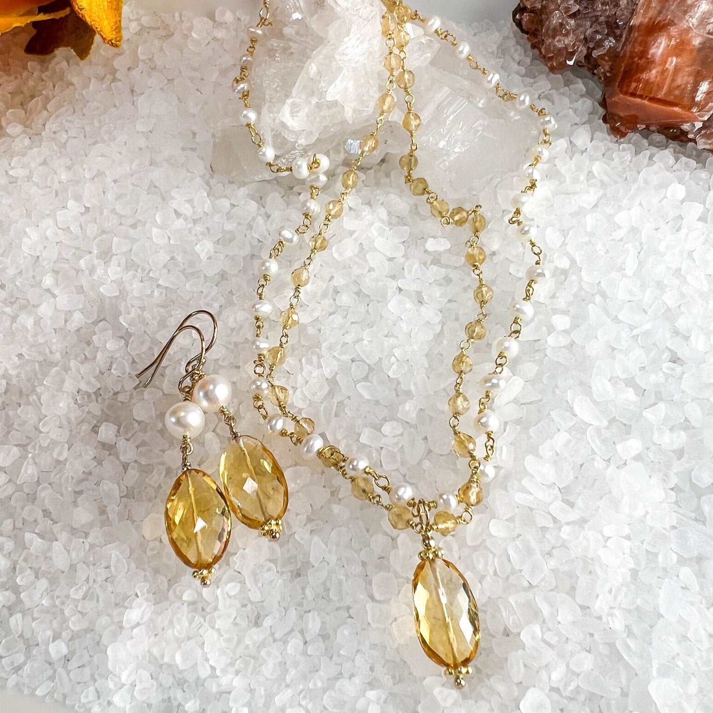 Citrine & Pearl Drop Earrings, November Birthstone
