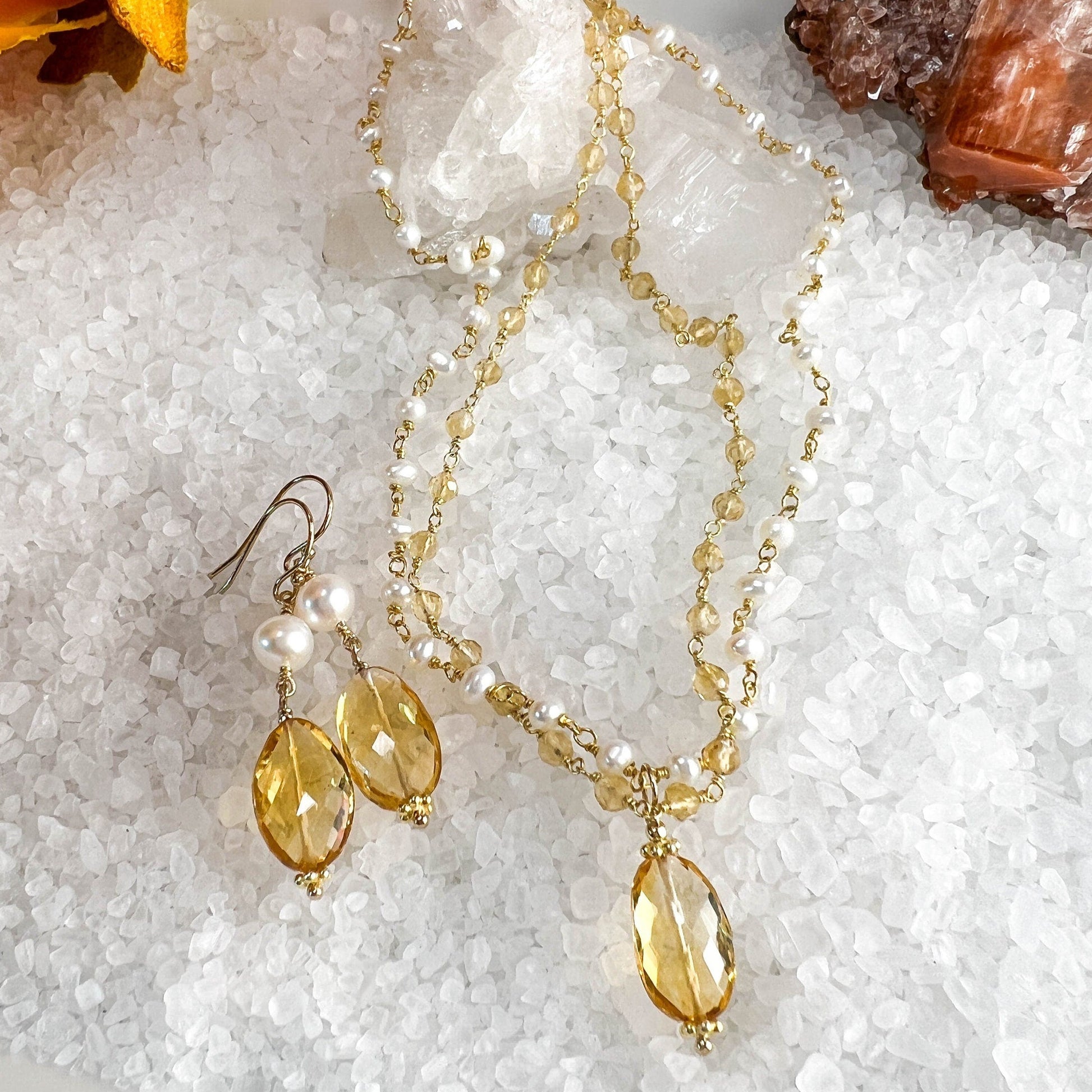 Citrine & Pearl Drop Earrings, November Birthstone