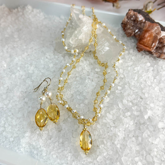 Citrine & Pearl Rosary Chain Necklace