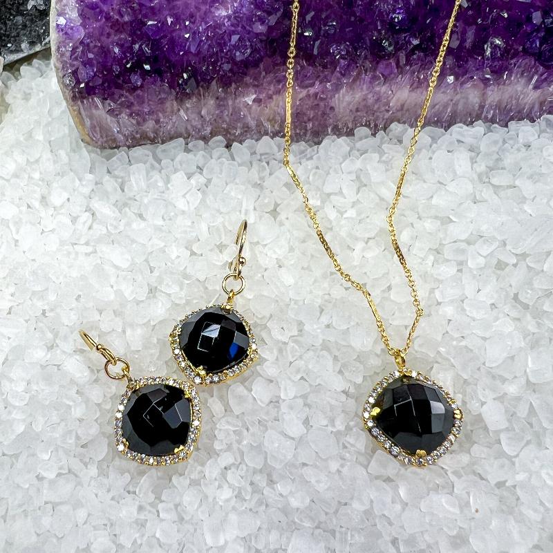 Black Chalcedony & CZ Necklace & Earrings