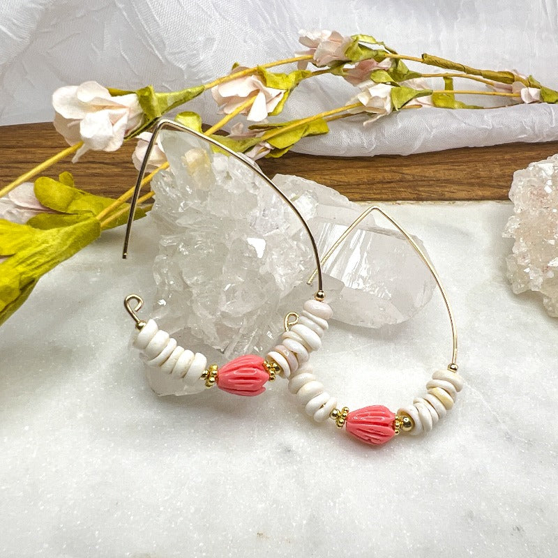 Puka Shell & Coral Hoops