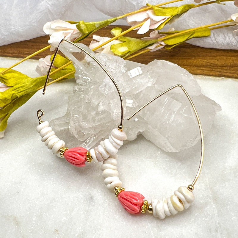 Puka Shell & Coral Hoops