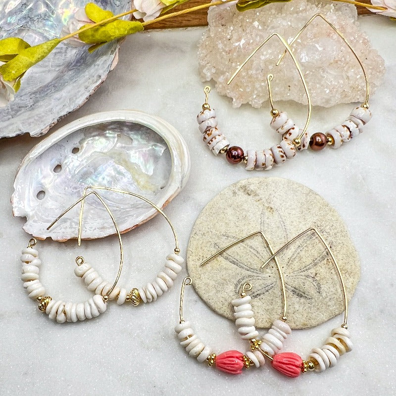 Puka Shell & Coral Hoops