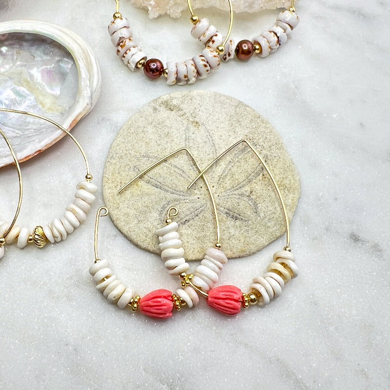 Puka Shell & Coral Hoops