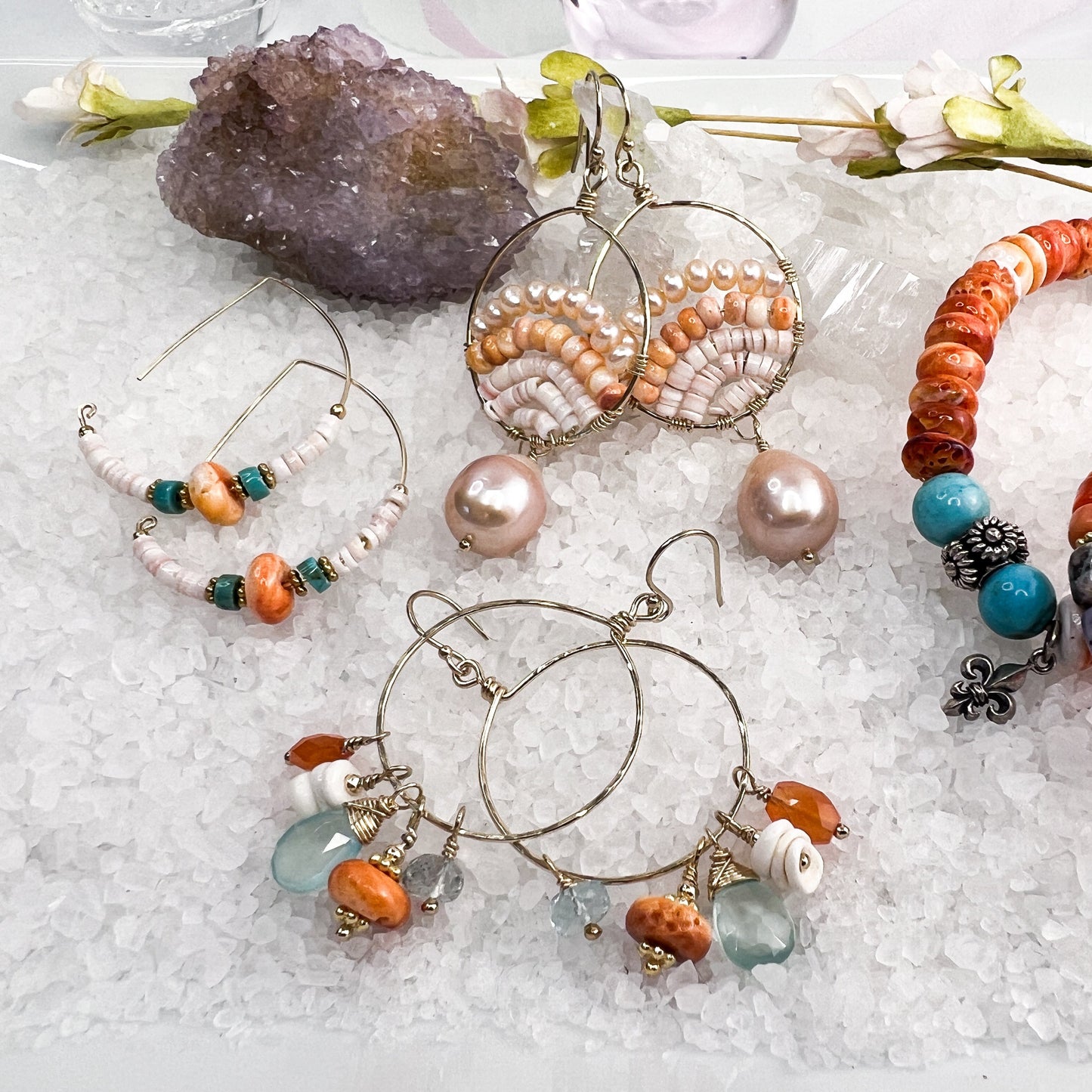 Puka shell & gemstone hoops