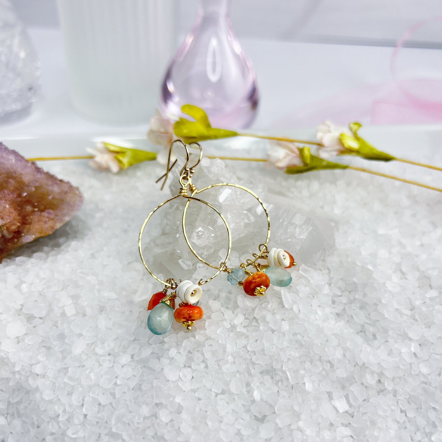 Puka shell & gemstone hoops