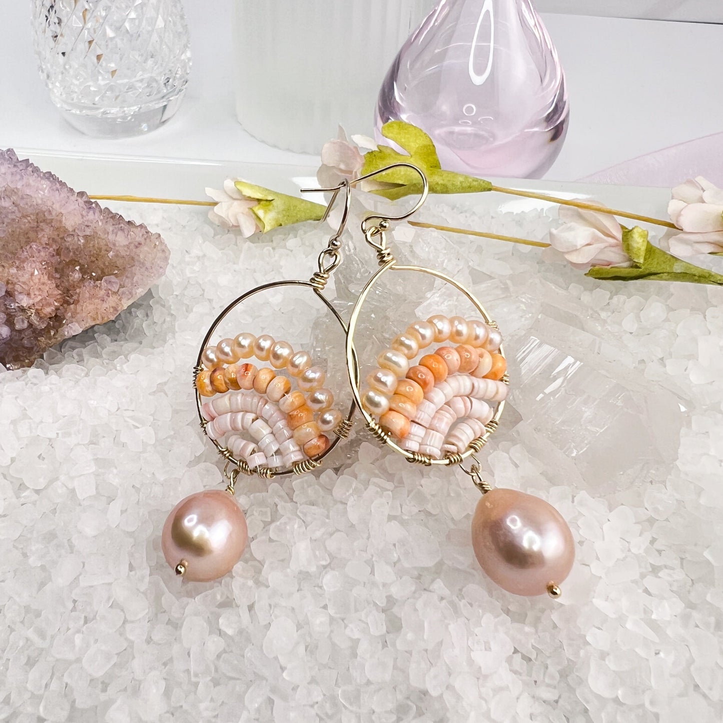 Hand wrapped peach Shell & Baroque pearl earrings