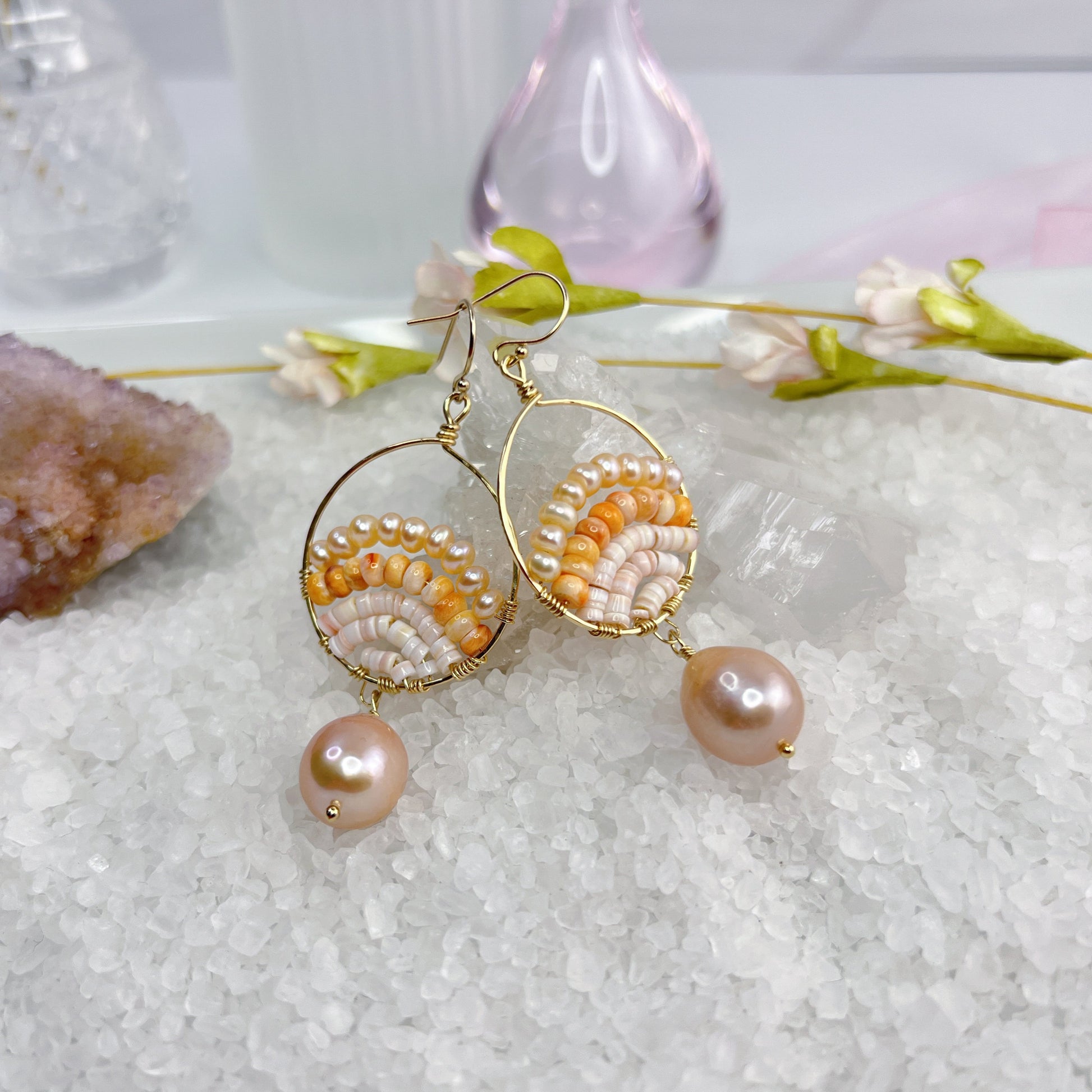 Hand wrapped peach Shell & Baroque pearl earrings