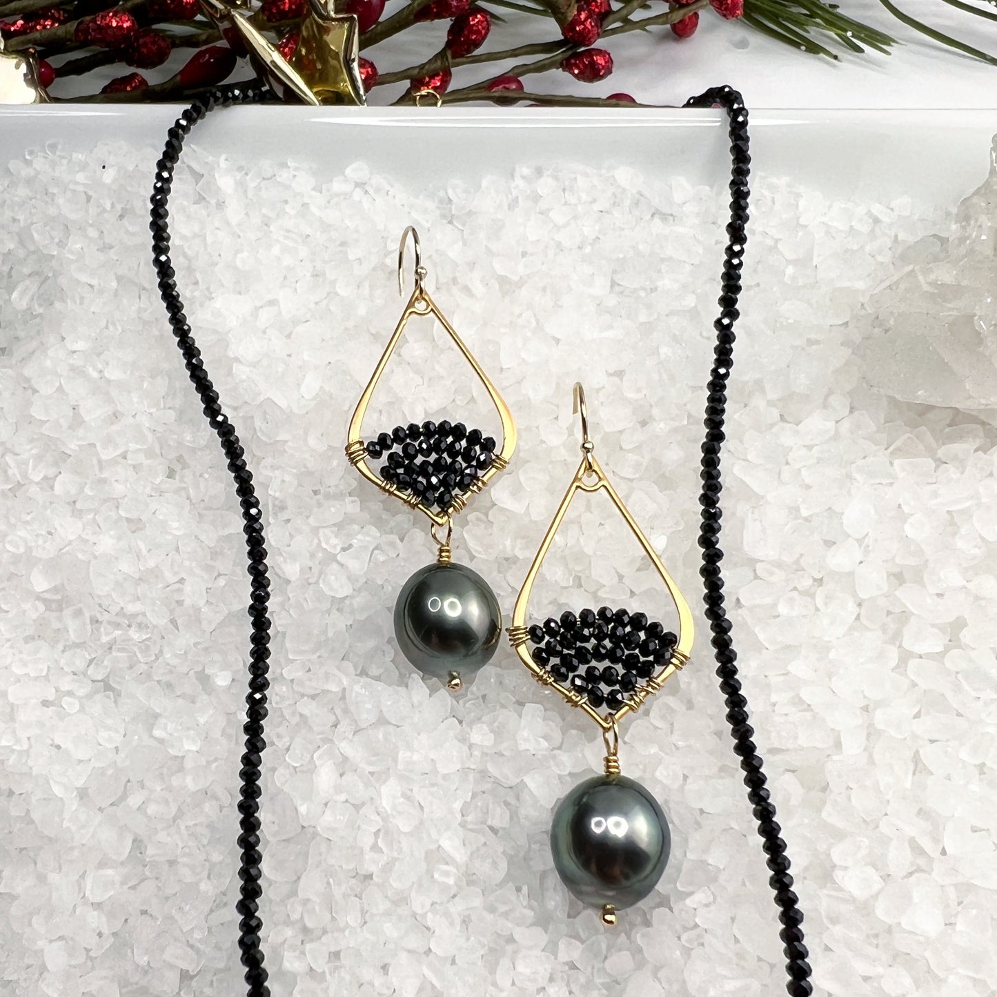 Tahitian Pearl & Black Spinel Earrings