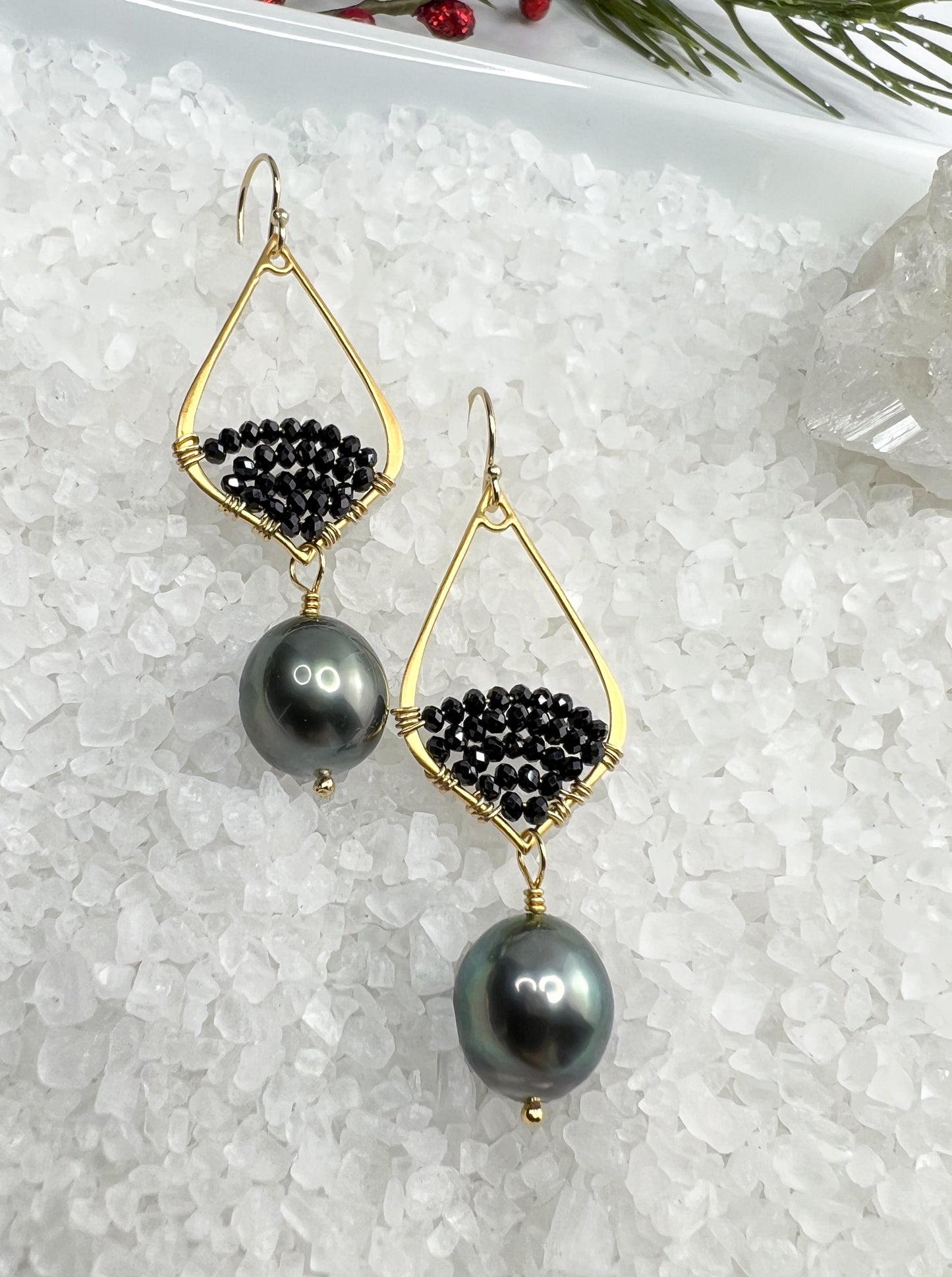 Tahitian Pearl & Black Spinel Earrings