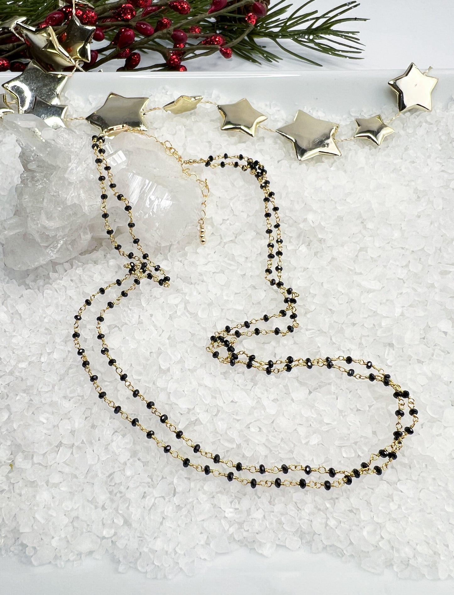 Black Spinel Rosary Double chain Necklace