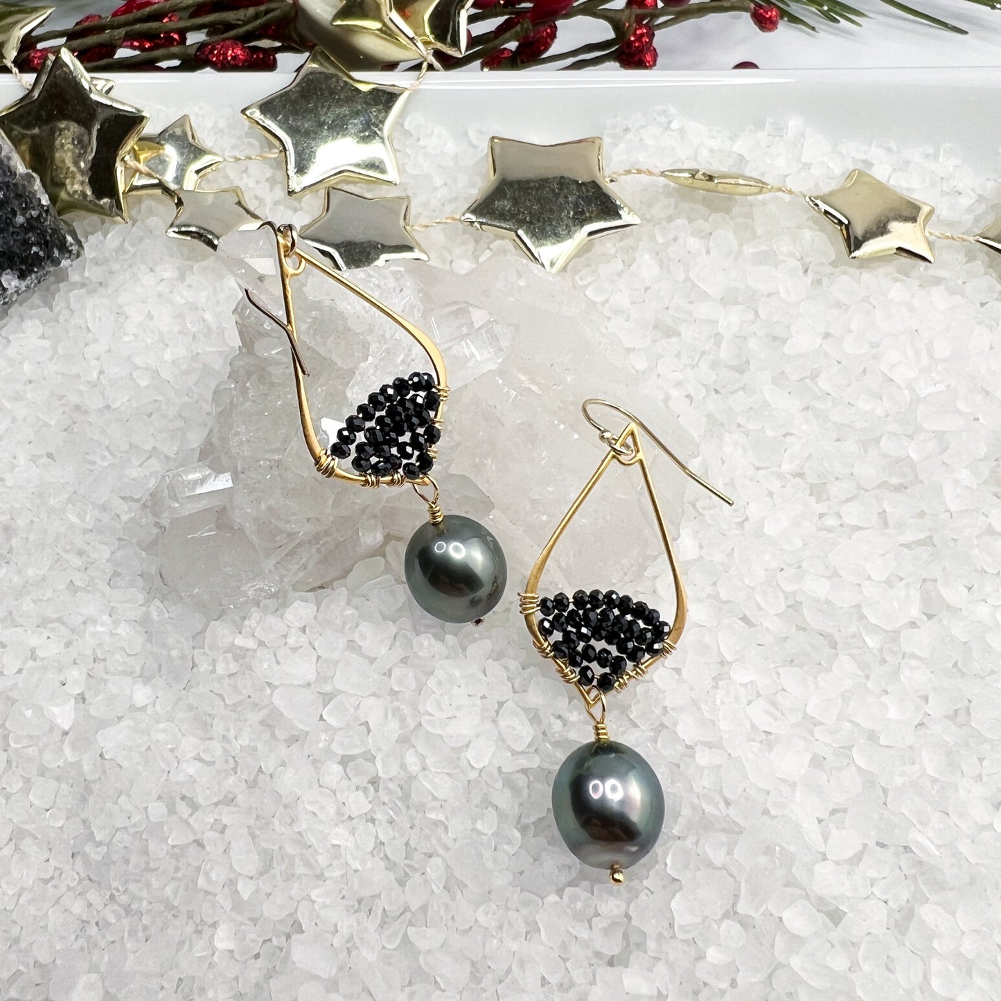 Tahitian Pearl & Black Spinel Earrings