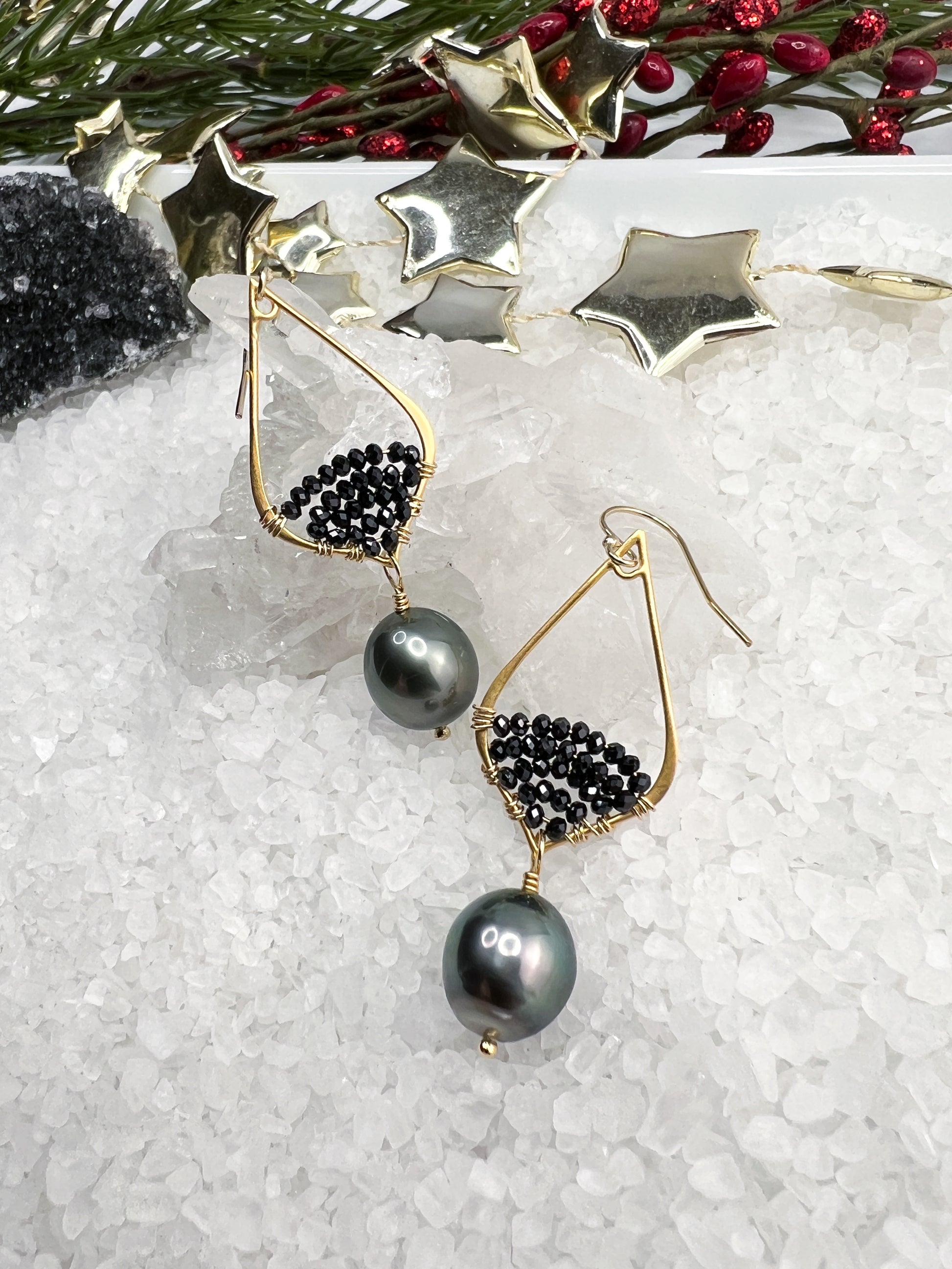 Tahitian Pearl & Black Spinel Earrings