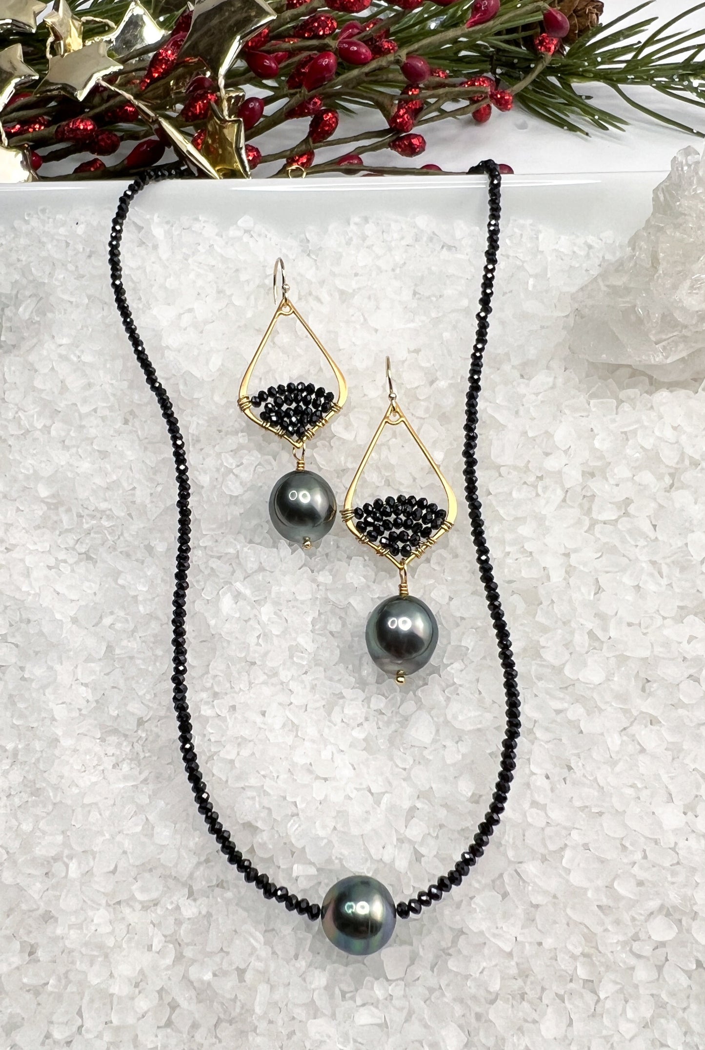 Tahitian Pearl & Black Spinel Earrings