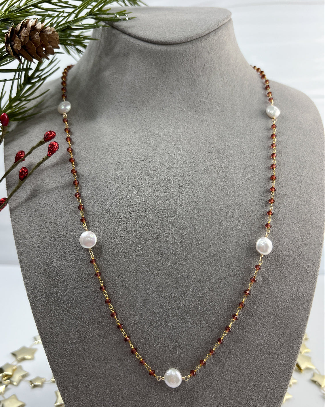 Garnet & Coin Pearl Long Necklace