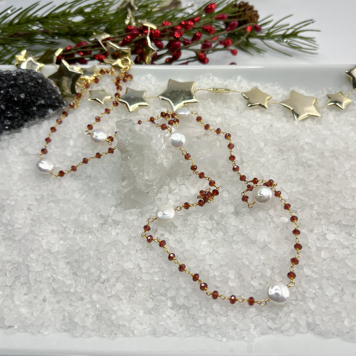 Garnet & Coin Pearl Long Necklace