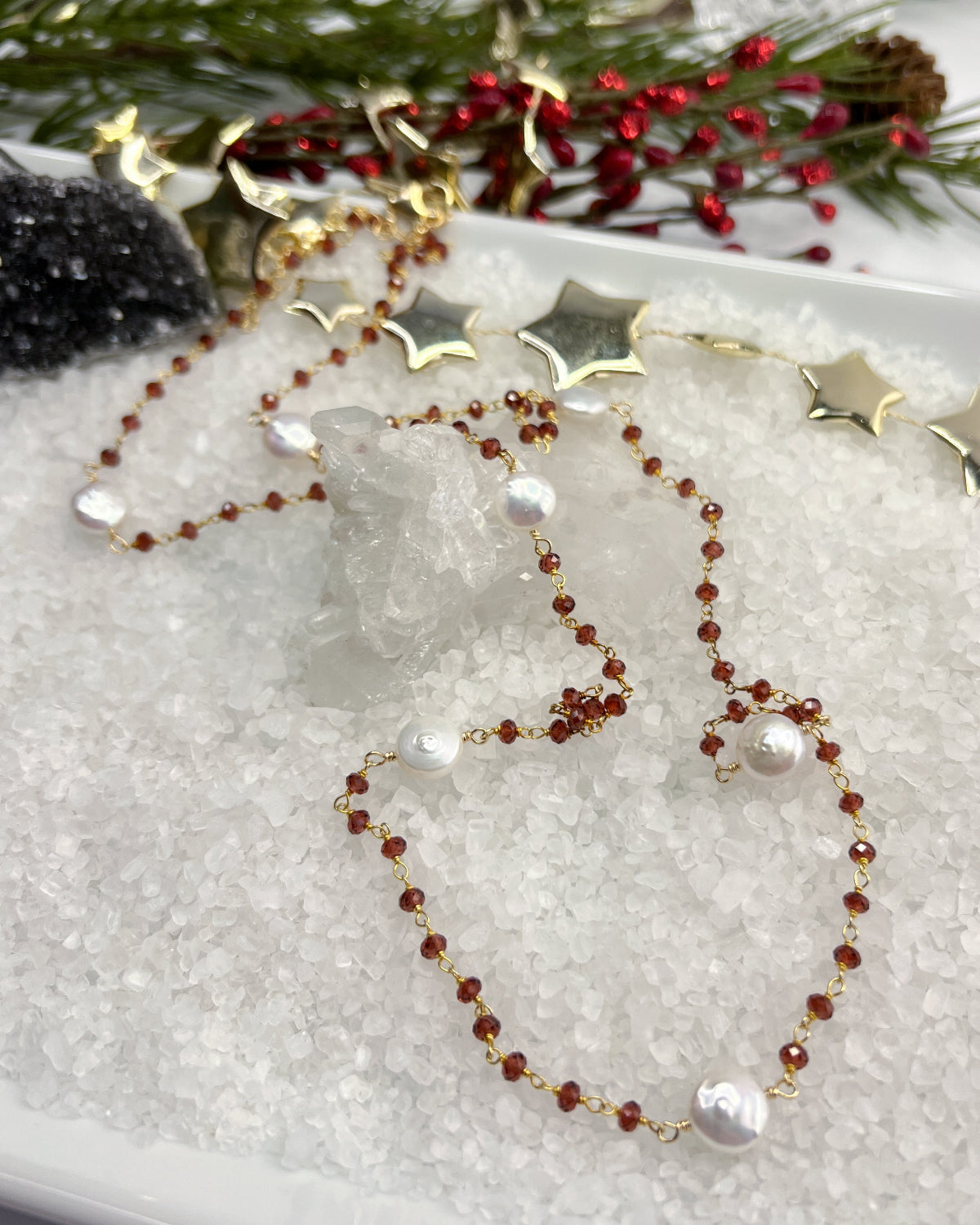 Garnet & Coin Pearl Long Necklace