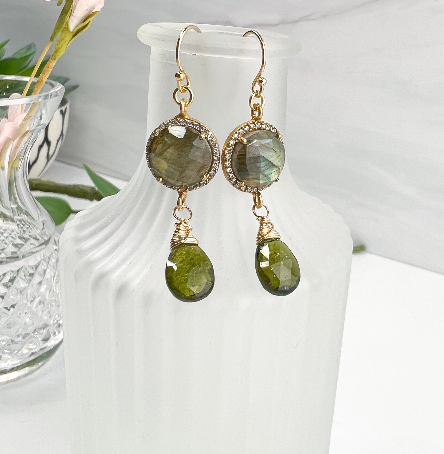 Labradorite, Green Tourmaline Earrings