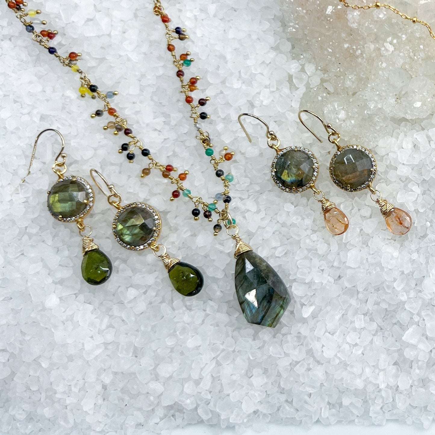 Labradorite, Green Tourmaline & Imperial Topaz Earrings