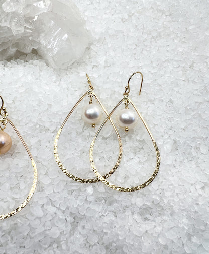 Gold Filled Textured Teardrop Hoops with Pearls
