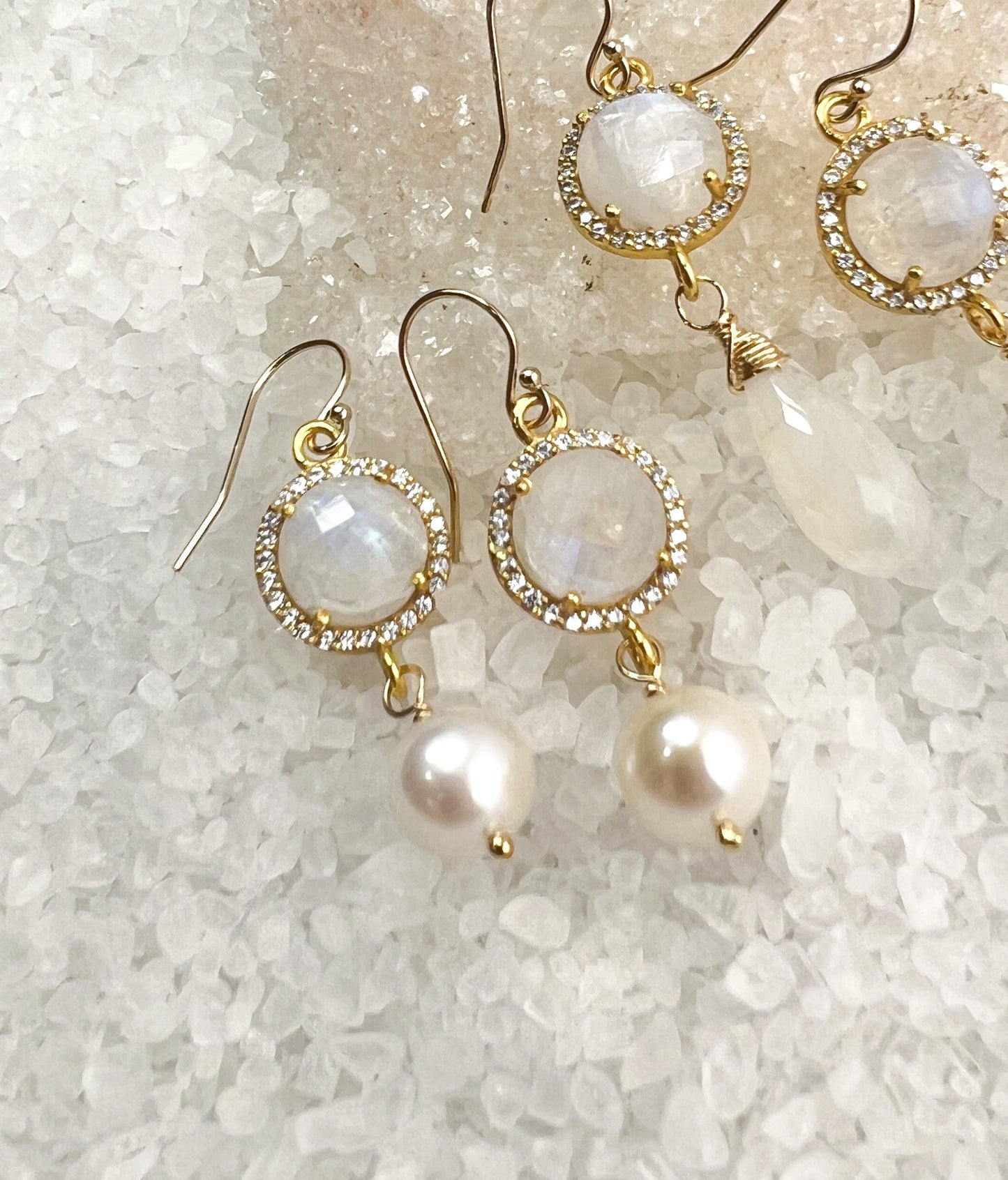 Rainbow Moonstone, CZ & Pearl Drop Earrings