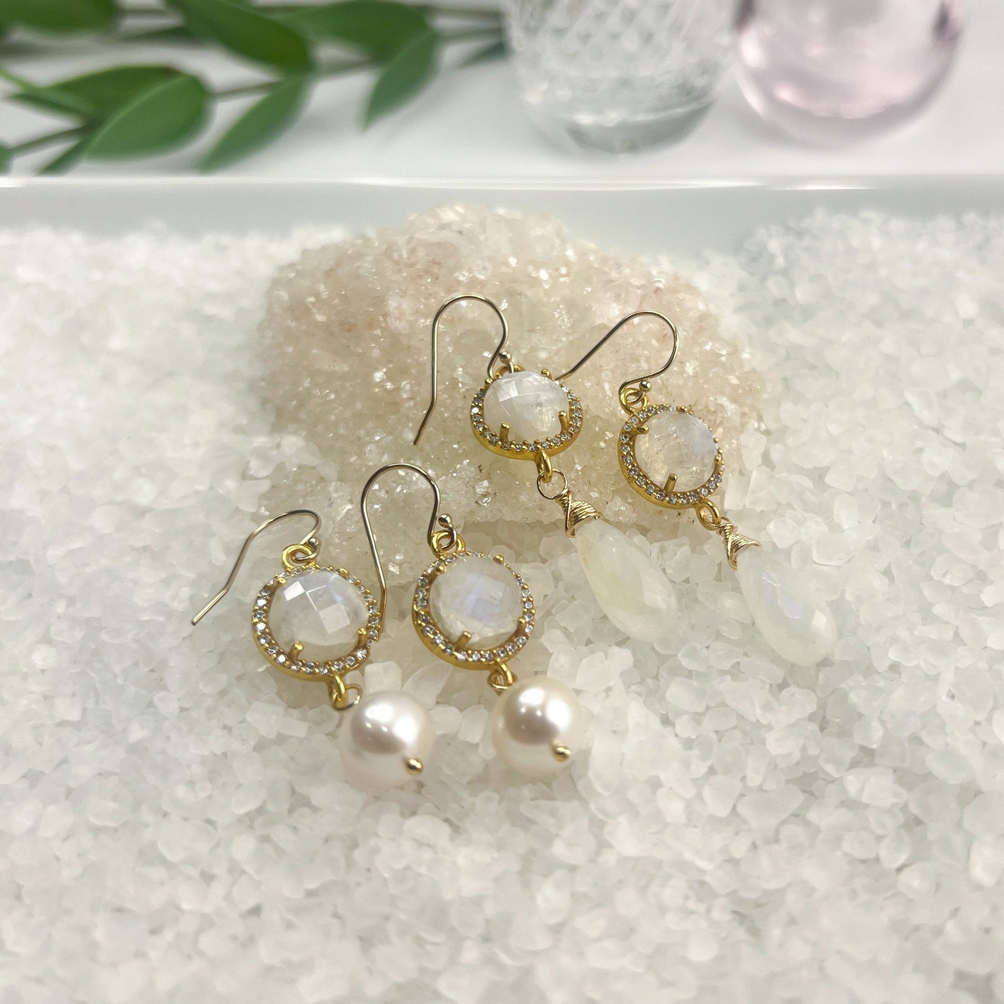 Rainbow Moonstone & CZ Drop Earrings