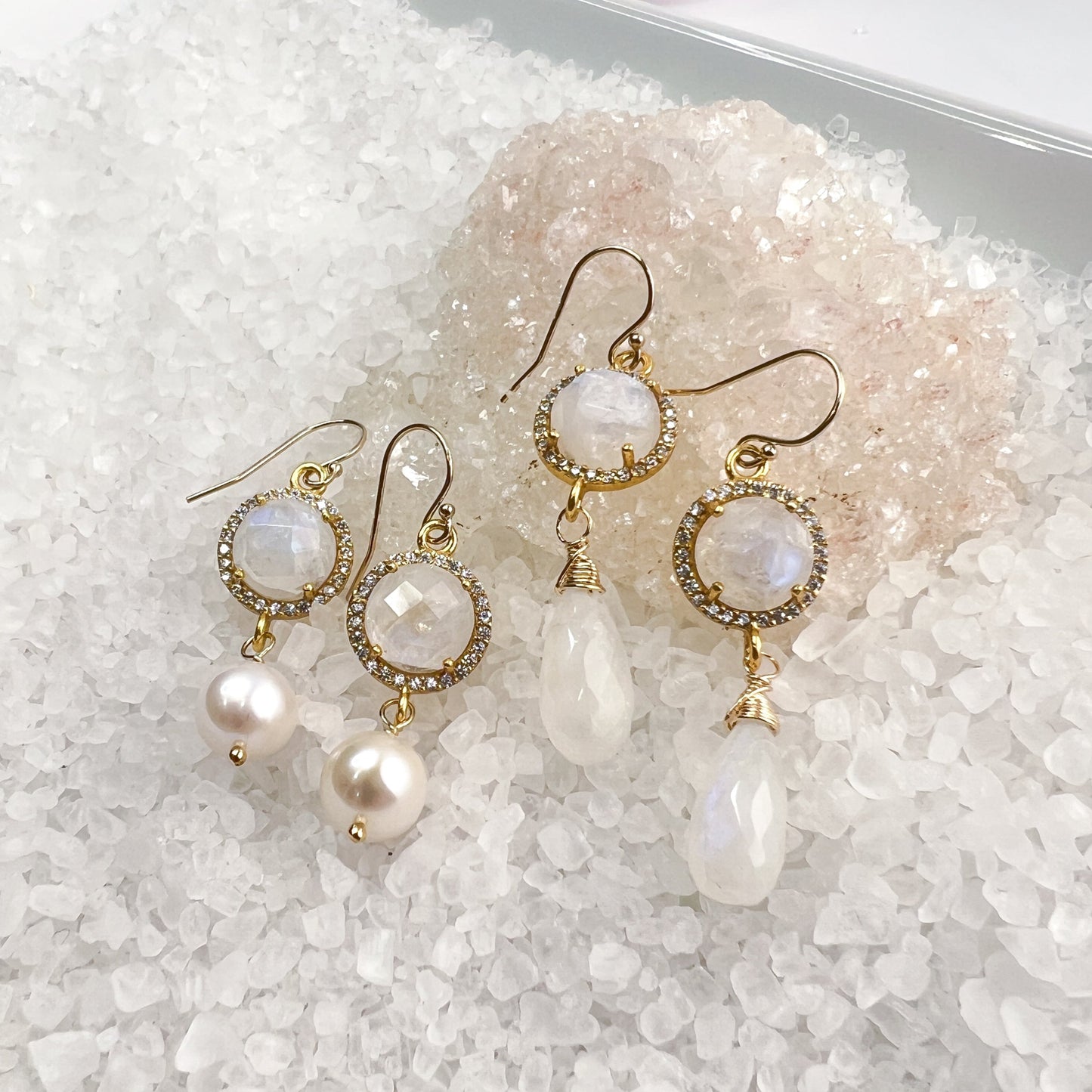 Rainbow Moonstone & CZ Drop Earrings