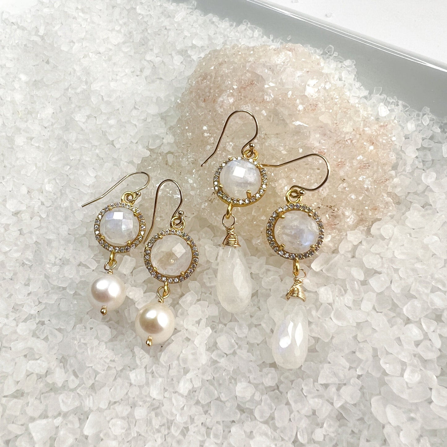 Rainbow Moonstone & CZ Drop Earrings