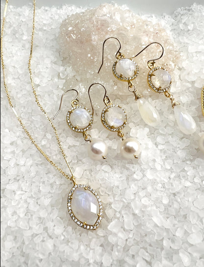 Rainbow Moonstone & CZ Pendant Necklace & earrings