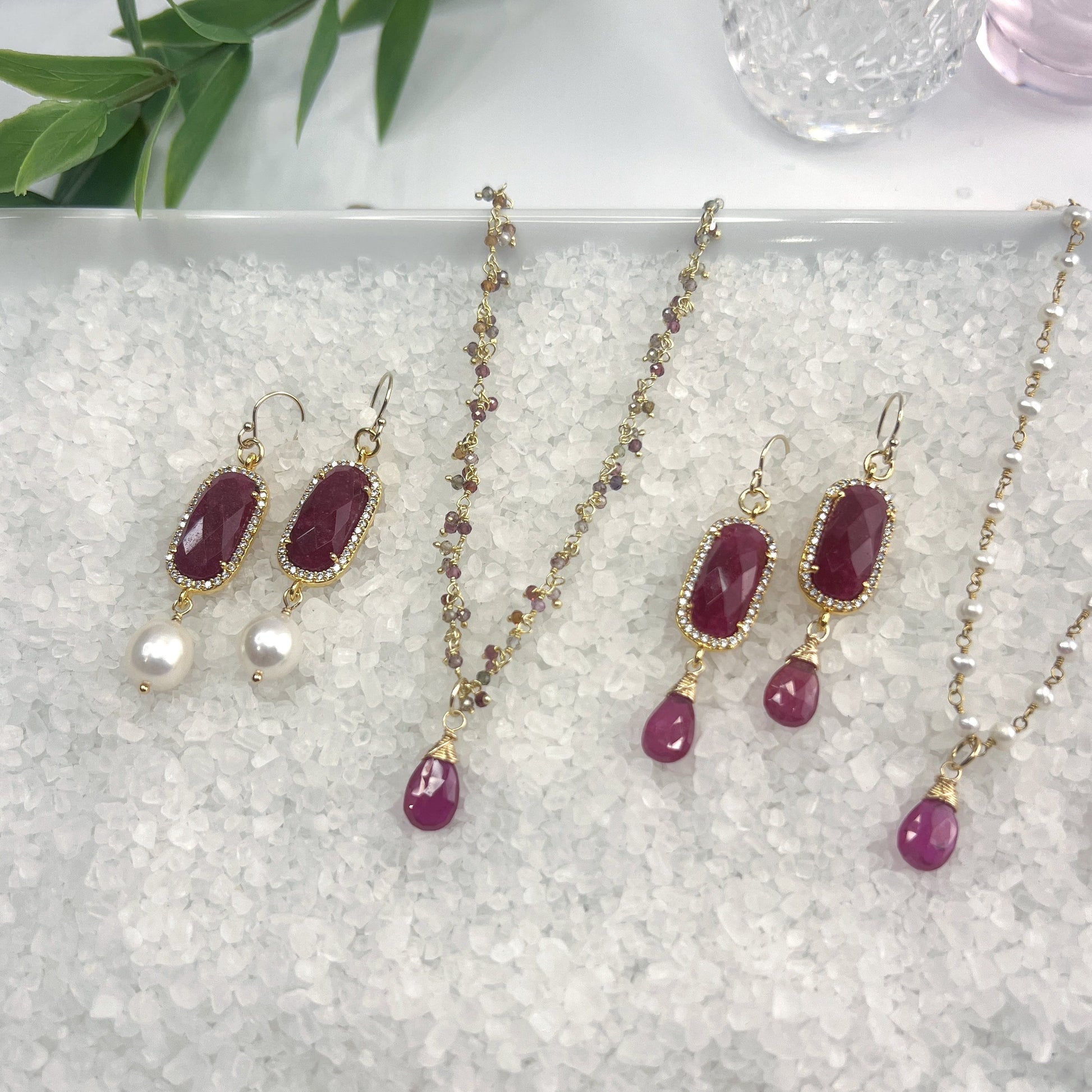 Ruby, CZ & white pearl earrings