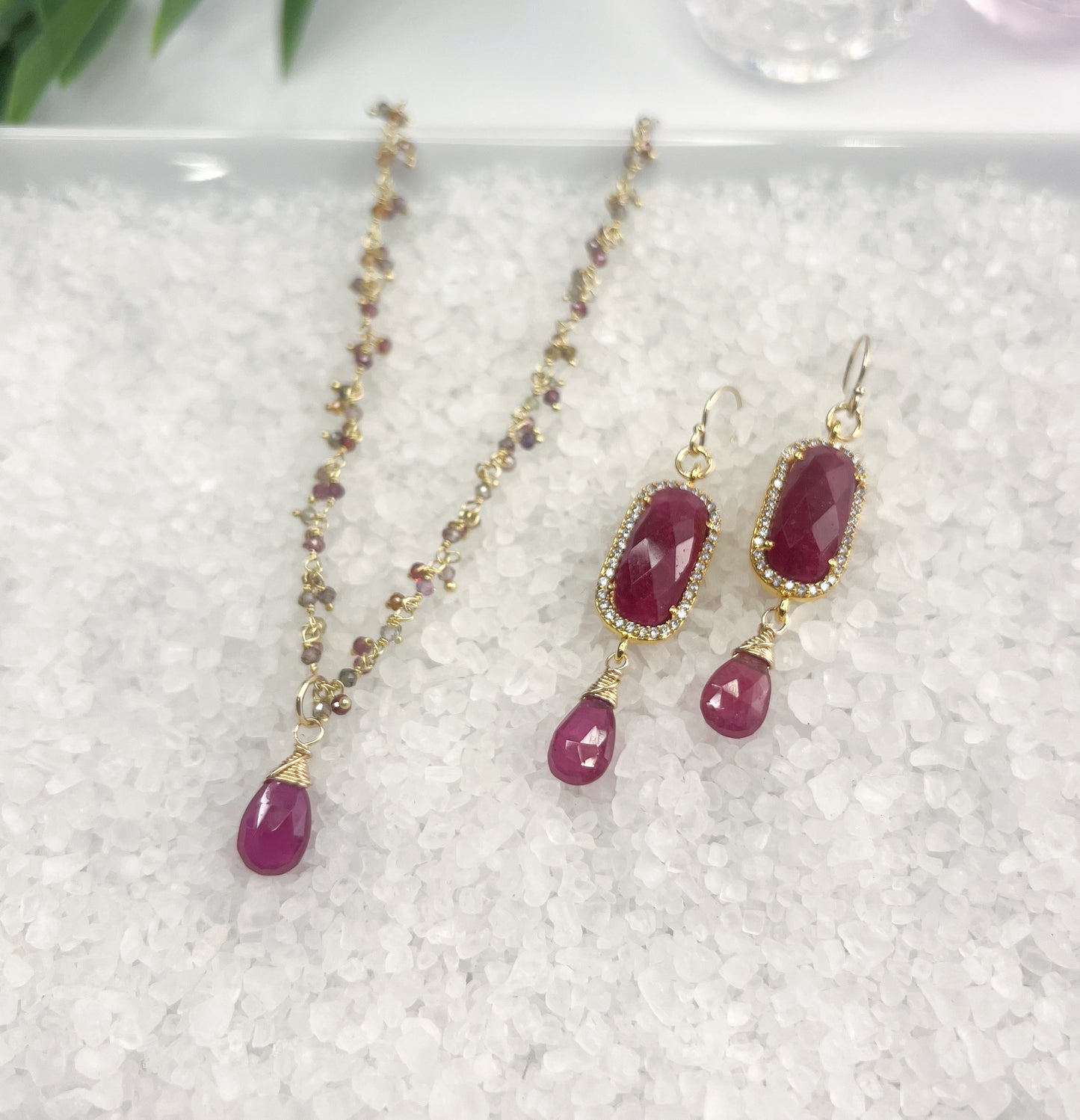 Ruby, CZ & Pink Sapphire Earrings