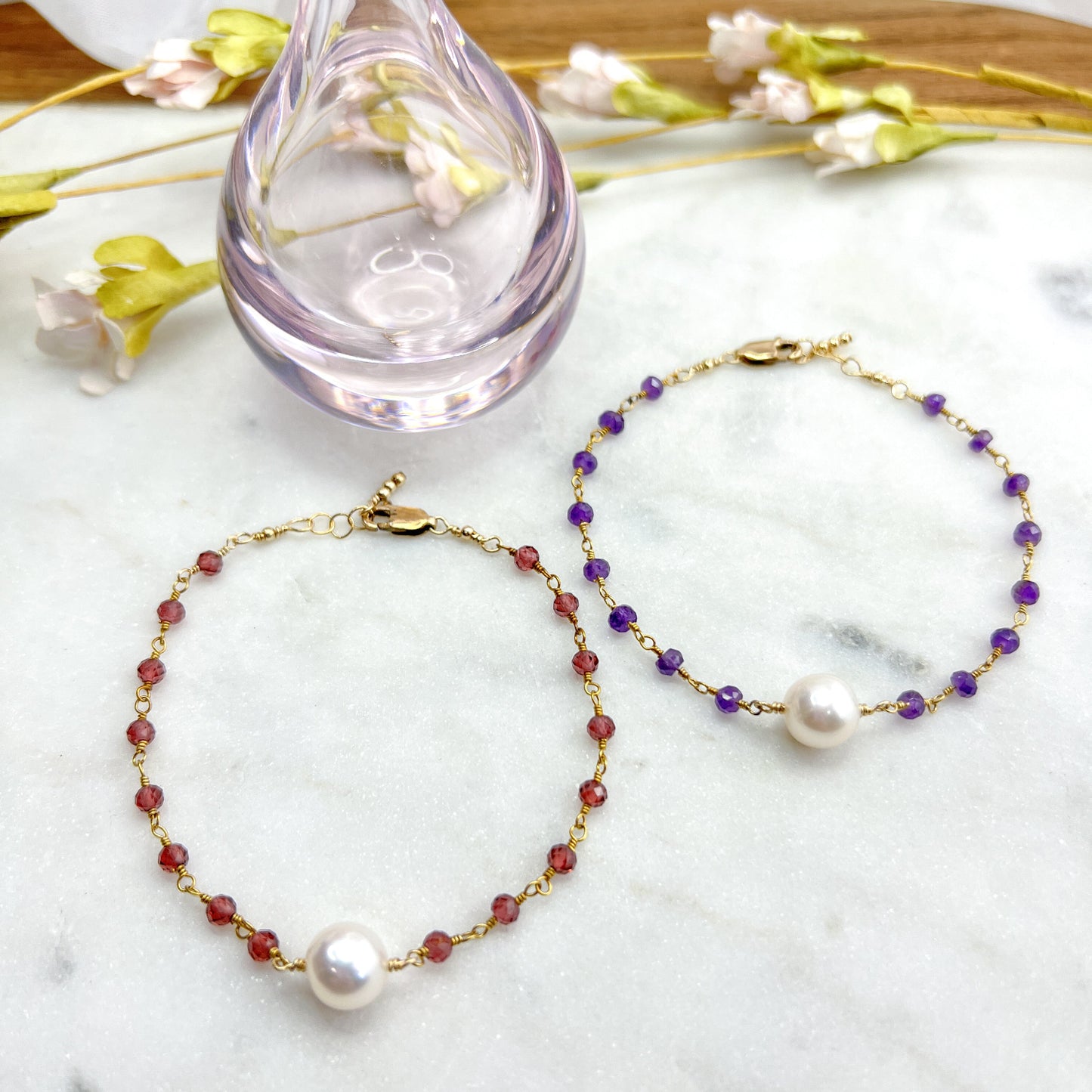 Garnet, Amethyst & Pearl Bracelets