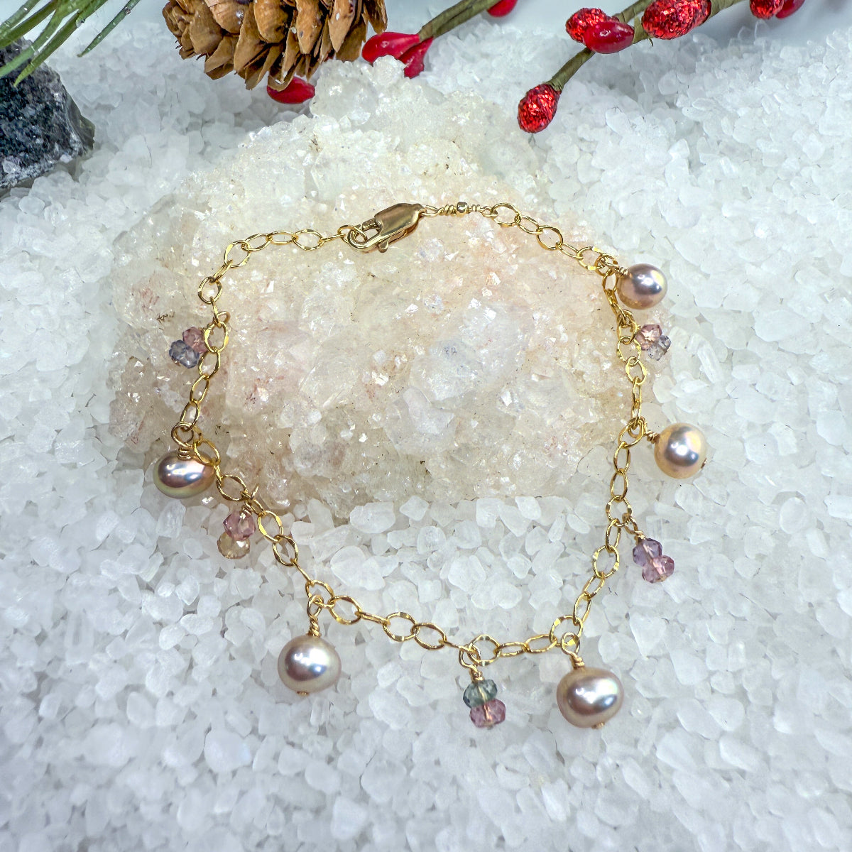 Pink Pearl & Zircon Freshwater Pearl Bracelet