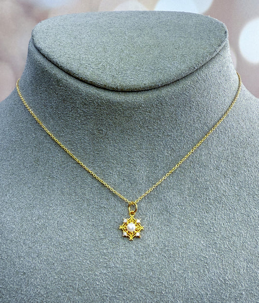 White Pearl & Clear CZ Diamond Necklace