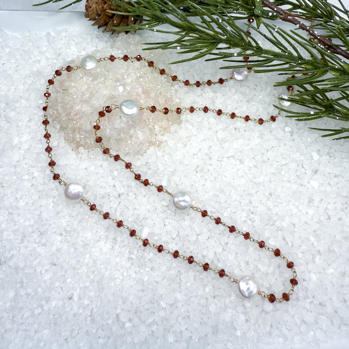 Garnet & Coin Pearl Long Necklace
