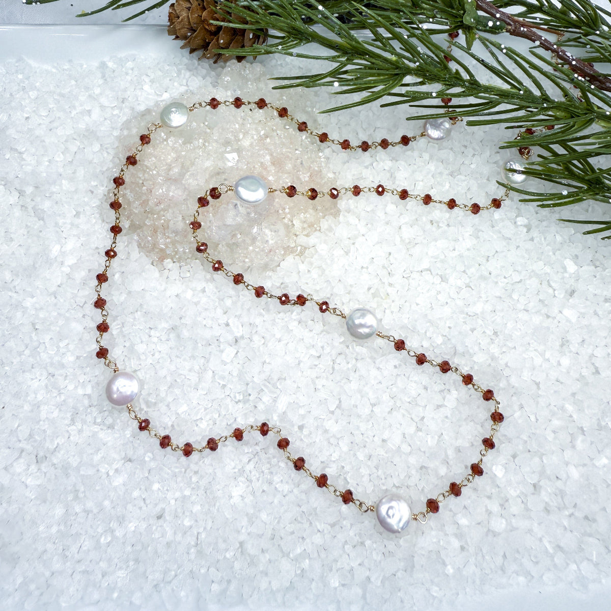 Garnet & Coin Pearl Long Necklace