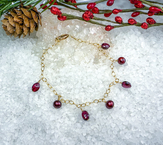 Garnet & Cranberry Pearl Dangle Bracelet | Red gemstone Bracelet