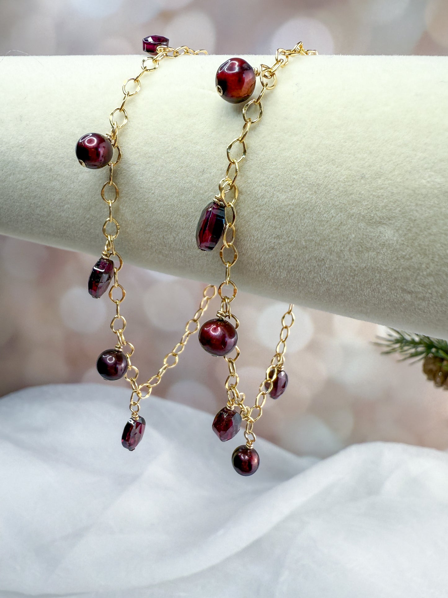 Garnet & Cranberry Pearl Dangle Bracelet | Red gemstone Bracelet