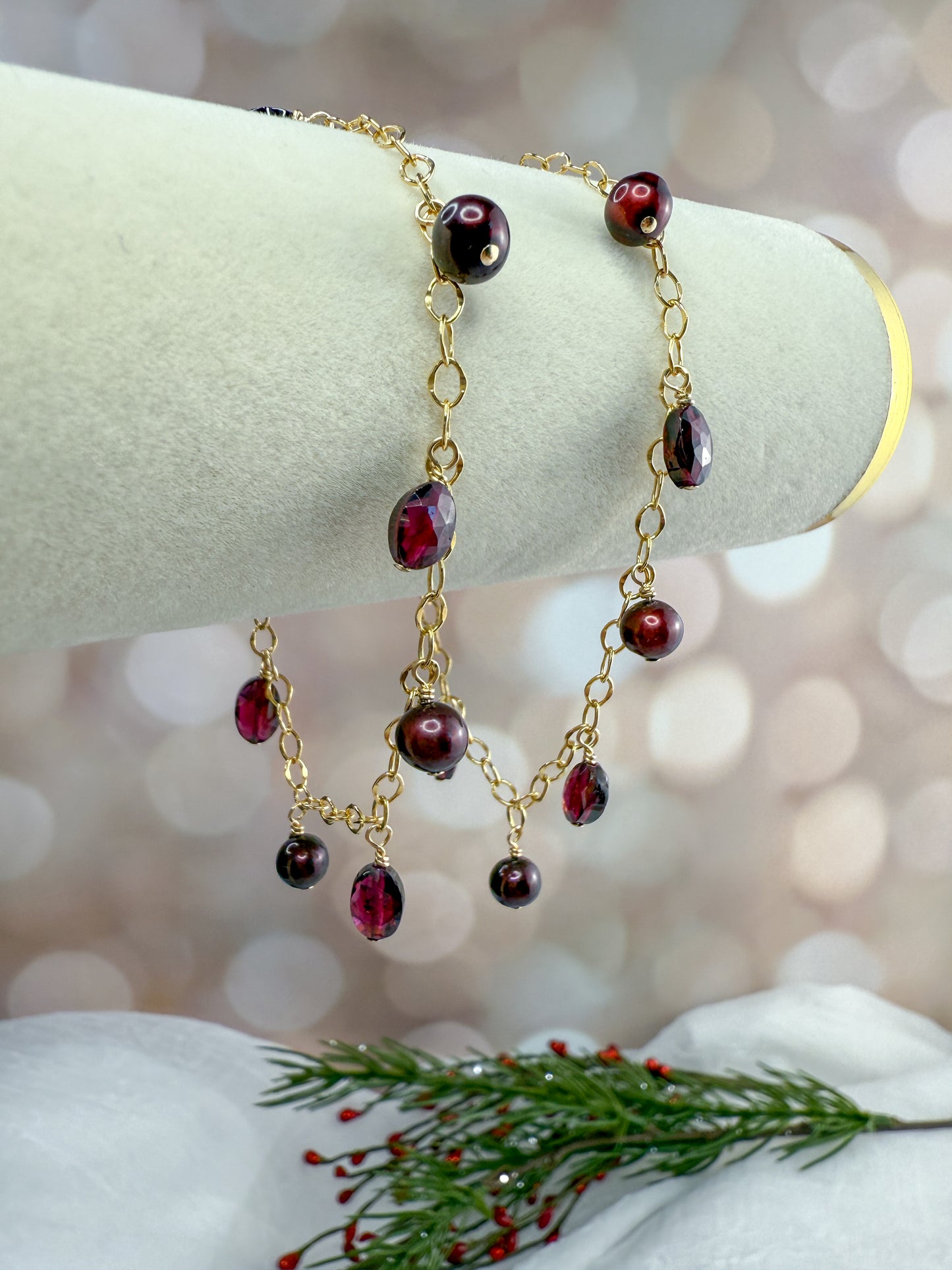 Garnet & Cranberry Pearl Dangle Bracelet | Red gemstone Bracelet
